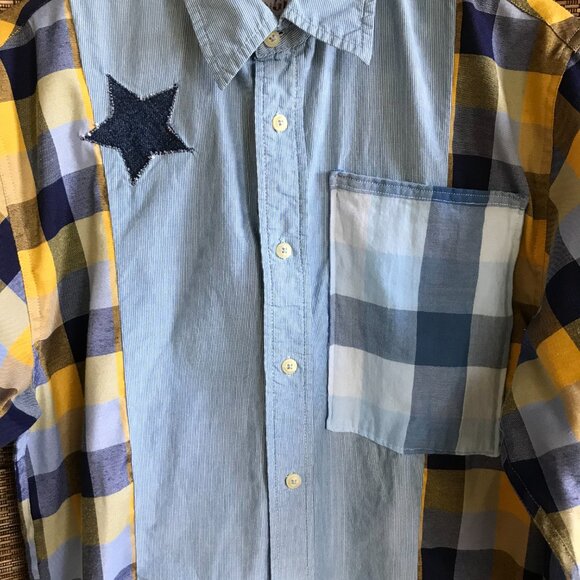Mixed Plaid Button-Down Shirt: Upcycled Boho Top, Applique Stars, Funky Grunge - Picture 4 of 12